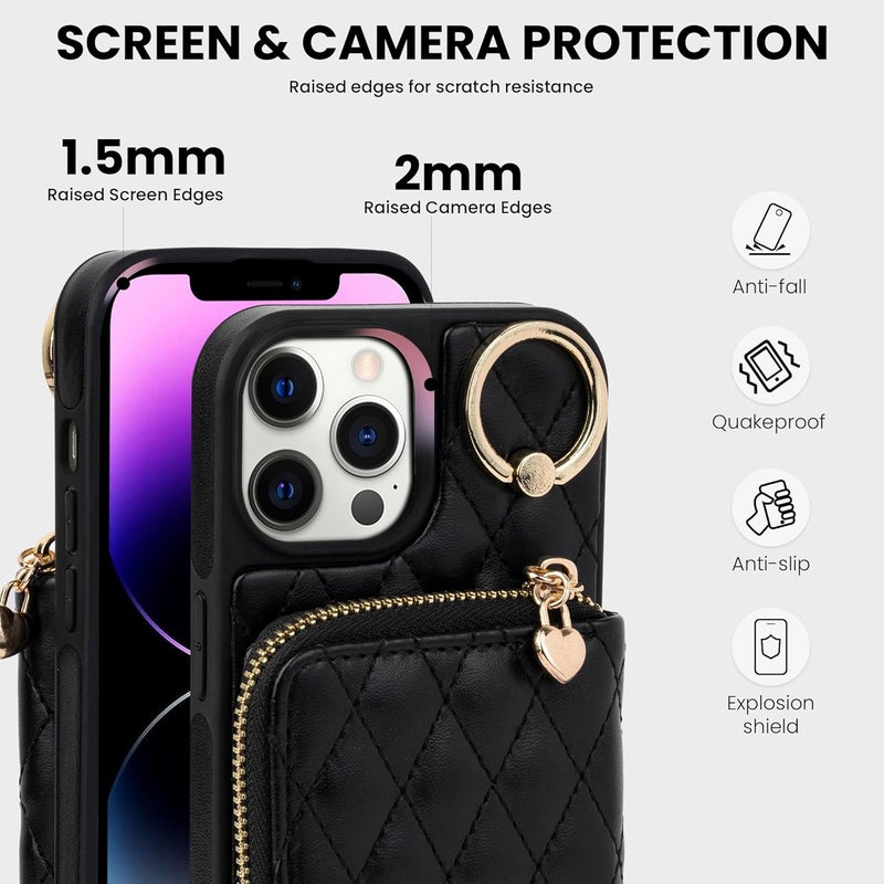 Keallce Case for iPhone 12 Pro/iPhone 12 6.1'' Wallet Case, Crossbody Zipper Purse Handbag Wristlet for Women, RFID Blocking Card Holders, Ring Kickstand Flip Leather Cover for iPhone 12/12 Pro, Black - Image 5